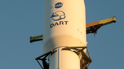 Impact should take place in the fall of 2022, when the binary asteroid system is 6.8 million miles (11 million kilometers) from Earth, almost the nearest point they ever get. In picture - The SpaceX Falcon 9 rocket with the Double Asteroid Redirection Test, or DART, spacecraft onboard at the Space Launch Complex 4E, Vandenberg Space Force Base in California. (AFP)