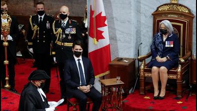 Canada's Prime Minister Justin Trudeau and governor-gGeneral Mary May Simon attend the Throne Speech ceremony in the Senate, as parliament prepares to resume in Ottawa, Ontario, on Tuesday. (REUTERS) Canada's Prime Minister Justin Trudeau and governor-gGeneral Mary May Simon attend the Throne Speech ceremony in the Senate, as parliament prepares to resume in Ottawa, Ontario, on Tuesday. (REUTERS)