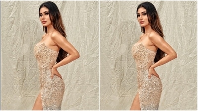Centre-parted open locks, metallic smoky eye shadow, kohl-adorned eyes, mascara-laden lashes, blushed cheeks, beaming highlighter on the face, nude lip shade, and on-fleek eyebrows completed Mouni's beauty picks with the outfit. (Instagram/@imouniroy) Centre-parted open locks, metallic smoky eye shadow, kohl-adorned eyes, mascara-laden lashes, blushed cheeks, beaming highlighter on the face, nude lip shade, and on-fleek eyebrows completed Mouni's beauty picks with the outfit. (Instagram/@imouniroy)