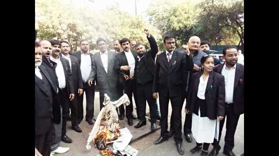 Agra lawyers burning effigy of UP cabinet minister Siddharth Nath Singh on Wednesday. (HT Photo)