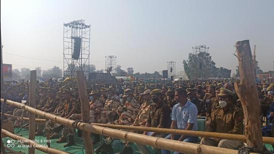 Police personnel receiving getting instructions on Wednesday for the smooth conduct of the foundation stone laying ceremony on Thursday. (Sourced)