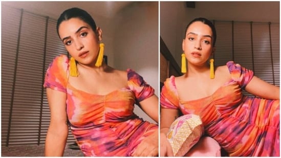 Recently, the gorgeous Sanya Malhotra donned a funky coloured tie-dye drawstring dress and posed in her room.(Instagram/@sanyamalhotra_)
