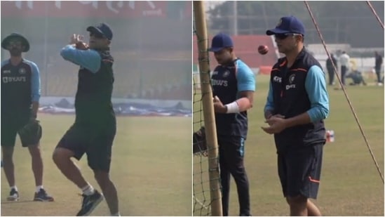 Rahul Dravid bowling in the nets.(Twitter/BCCI)