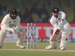 Shreyas Iyer plays a defensive shot during the day one of their first Test against New Zealand in Kanpur.(AP) Shreyas Iyer plays a defensive shot during the day one of their first Test against New Zealand in Kanpur.(AP)