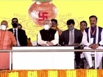 PM Modi and CM Yogi Adityanath on stage for Noida airport inauguration. PM Modi and CM Yogi Adityanath on stage for Noida airport inauguration.
