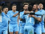 Raheem Sterling of Manchester City celebrates with teammates Bernardo Silva, Kyle Walker and Gabriel Jesus. Raheem Sterling of Manchester City celebrates with teammates Bernardo Silva, Kyle Walker and Gabriel Jesus. 