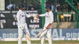 Kanpur: Indian player Shreyas Iyer celebrates with Ravindra Jadeja after scoring a half-century during day one of the 1st cricket test match between India and New Zealand, at Green Park stadium in Kanpur, Thursday, Nov. 25, 2021. (PTI Photo/Arun Sharma)(PTI11_25_2021_000123A)(PTI)