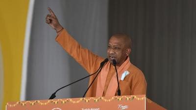 Uttar Pradesh chief minister Adityanath Yogi addresses a gathering at the foundation stone laying ceremony of Noida international airport in Greater Noida on Thursday. (Sunil Ghosh/HT Photo) Uttar Pradesh chief minister Adityanath Yogi addresses a gathering at the foundation stone laying ceremony of Noida international airport in Greater Noida on Thursday. (Sunil Ghosh/HT Photo)