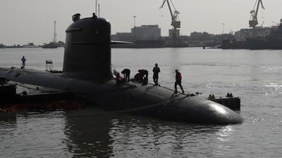 The INS Vela submarine is prepared before its commissioning, in Mumbai on November 23, 2021. (AP) The INS Vela submarine is prepared before its commissioning, in Mumbai on November 23, 2021. (AP)