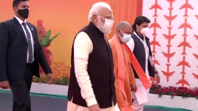 PM Modi was accompanied by Chief Minister of Uttar Pradesh Yogi Adityanath and Union Civil Aviation Minister Jyotiraditya M. Scindia at the project site.. (ANI)