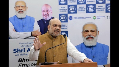 Union Home Minister Amit Shah addresses the Annual Session and AGM of the Indian Chamber of Commerce, through video conferencing, in New Delhi on Thursday. (ANI Photo) (ANI) Union Home Minister Amit Shah addresses the Annual Session and AGM of the Indian Chamber of Commerce, through video conferencing, in New Delhi on Thursday. (ANI Photo) (ANI)