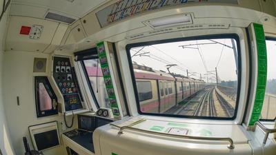The view from inside a driverless train on the Pink Line of the Delhi Metro network in New Delhi on Thursday. (PTI) The view from inside a driverless train on the Pink Line of the Delhi Metro network in New Delhi on Thursday. (PTI)