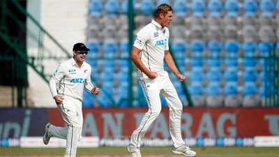 Kanpur, Nov 25 (ANI): New Zealand's Kyle Jamieson celebrates the dismissal of India's skipper Ajinkya Rahane during the Day-1 of the 1st Test match between India and New Zealand, at Green Park International Stadium, in Kanpur on Thursday. (ANI Photo) (ANI) Kanpur, Nov 25 (ANI): New Zealand's Kyle Jamieson celebrates the dismissal of India's skipper Ajinkya Rahane during the Day-1 of the 1st Test match between India and New Zealand, at Green Park International Stadium, in Kanpur on Thursday. (ANI Photo) (ANI)