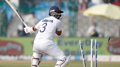 Kanpur, Nov 25 (ANI): India's skipper Ajinkya Rahane bowled by New Zealand's Kyle Jamieson during the Day-1 of the 1st Test match between India and New Zealand, at Green Park International Stadium, in Kanpur on Thursday. (ANI Photo) (ANI ) Kanpur, Nov 25 (ANI): India's skipper Ajinkya Rahane bowled by New Zealand's Kyle Jamieson during the Day-1 of the 1st Test match between India and New Zealand, at Green Park International Stadium, in Kanpur on Thursday. (ANI Photo) (ANI )