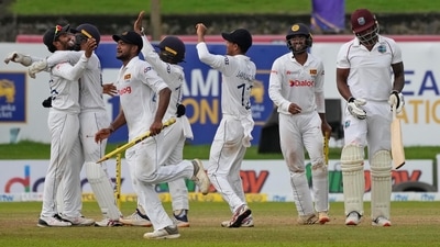 Sri Lankan team members celebrate their teams 187 runs victory over West Indies in the first Test in Galle. (AP) Sri Lankan team members celebrate their teams 187 runs victory over West Indies in the first Test in Galle. (AP)