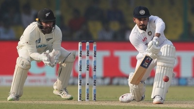 Shreyas Iyer plays a defensive shot during the day one of their first Test against New Zealand in Kanpur. (AP) Shreyas Iyer plays a defensive shot during the day one of their first Test against New Zealand in Kanpur. (AP)