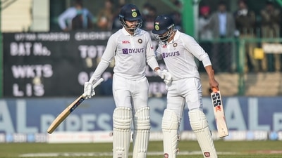 Indian player Shreyas Iyer celebrates with Ravindra Jadeja after scoring a half-century during day one of the 1st cricket test match between India and New Zealand, at Green Park stadium in Kanpur. (PTI)
