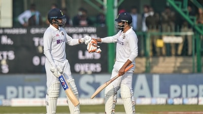 Kanpur: Indian player Shreyas Iyer celebrates with Ravindra Jadeja after scoring a half-century during day one of the 1st cricket test match between India and New Zealand, at Green Park stadium in Kanpur, Thursday, Nov. 25, 2021. (PTI Photo/Arun Sharma)(PTI11_25_2021_000123A) (PTI) Kanpur: Indian player Shreyas Iyer celebrates with Ravindra Jadeja after scoring a half-century during day one of the 1st cricket test match between India and New Zealand, at Green Park stadium in Kanpur, Thursday, Nov. 25, 2021. (PTI Photo/Arun Sharma)(PTI11_25_2021_000123A) (PTI)