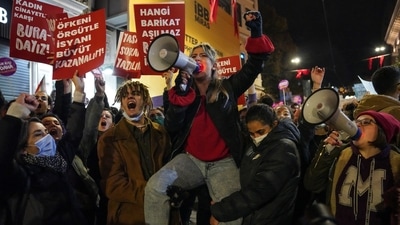 Demonstrators shout slogans during a protest marking the International Day for the Elimination of Violence against Women in Istanbul, Turkey. (AP) Demonstrators shout slogans during a protest marking the International Day for the Elimination of Violence against Women in Istanbul, Turkey. (AP)