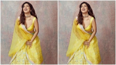 The midriff-baring blouse came with sleeveless details and was further teamed with a long flowy yellow skirt. (Instagram/@bhumipednekar) The midriff-baring blouse came with sleeveless details and was further teamed with a long flowy yellow skirt. (Instagram/@bhumipednekar)