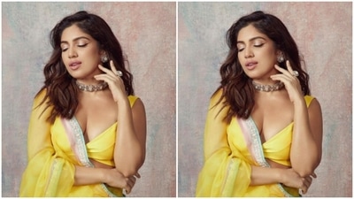 The skirt was intricately embroidered in silver and soft blue zari and resham threads. (Instagram/@bhumipednekar) The skirt was intricately embroidered in silver and soft blue zari and resham threads. (Instagram/@bhumipednekar)