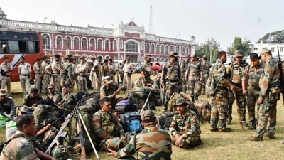 Security personnel at a distribution centre in Agartala ahead of the Tripura Municipal Corporation elections. (HT_PRINT) Security personnel at a distribution centre in Agartala ahead of the Tripura Municipal Corporation elections. (HT_PRINT)