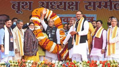 Defence minister Rajnath Singh being garlanded during BJP booth presidents’ conference in Sitapur on Thursday. (PTI PHOTO) Defence minister Rajnath Singh being garlanded during BJP booth presidents’ conference in Sitapur on Thursday. (PTI PHOTO)