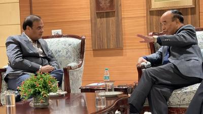 Mizoram CM Zoramthanga and his Assam counterpart Himanta Biswa Sarma during a meeting in New Delhi on Thursday evening. (TWITTER/Zoramthanga.) Mizoram CM Zoramthanga and his Assam counterpart Himanta Biswa Sarma during a meeting in New Delhi on Thursday evening. (TWITTER/Zoramthanga.)