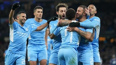 Raheem Sterling of Manchester City celebrates with teammates Bernardo Silva, Kyle Walker and Gabriel Jesus. (Getty) Raheem Sterling of Manchester City celebrates with teammates Bernardo Silva, Kyle Walker and Gabriel Jesus. (Getty)