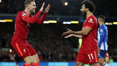 Mohamed Salah of Liverpool celebrates after scoring the team's second goal with Jordan Henderson. (Getty) Mohamed Salah of Liverpool celebrates after scoring the team's second goal with Jordan Henderson. (Getty)