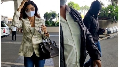 Shilpa Shetty and Raj Kundra spotted at the Mumbai airport.&nbsp; (Varinder Chawla)