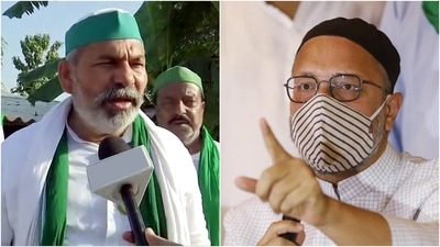 BKU president Rakesh Tikait and AIMIM chief Asaduddin Owaisi. (ANI) BKU president Rakesh Tikait and AIMIM chief Asaduddin Owaisi. (ANI)