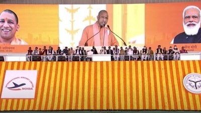Uttar Pradesh chief minister Yogi Adityanath at the inauguration of Noida International Airport on Thursday.&nbsp;