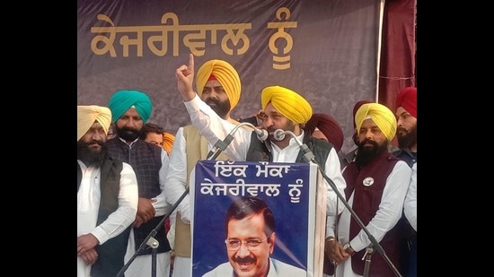 Aam Aadmi Party Punjab president Bhagwant Mann addressing a rally at Tarn Taran district’s Patti sub-division on Thursday.