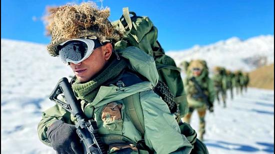 Indian Army personnel participate in a training session in challenging terrain conditions and amidst extreme weather in super high altitude areas, in Ladakh. Beijing has accused India’s chief of defence staff (CDS) Bipin Rawat of instigating a “geopolitical confrontation” and violating strategic guidelines after he said China is India’s biggest security threat. (ANI)