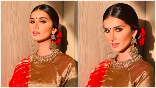 For accessories, Tara Sutaria wore long golden chandbalis and a choker. Her look was completed with the small black bindi on her forehead and red roses on her bun.(Instagram/@spacemuffin27)