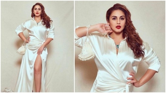 Huma Qureshi ditches the loud wedding colours and opts for this ivory collared wrap dress for her recent photoshoot.(Instagram/@iamhumaq)