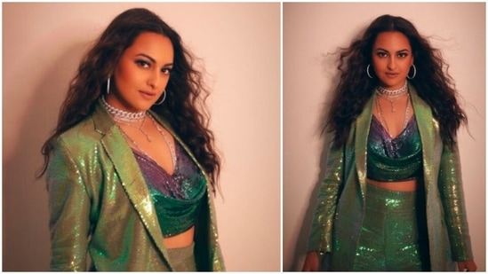 For accessories, Sonakshi Sinha opted for a silver chain shaped choker, layered necklace and hoop earrings.(Instagram/@aslisona)