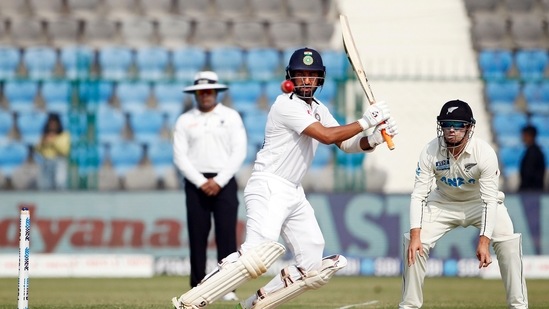 Kanpur, Nov 25 (ANI): India's Cheteshwar Pujara plays a shot during the Day-1 of the 1st Test match between India and New Zealand, at Green Park International Stadium, in Kanpur on Thursday. (ANI Photo)(ANI )