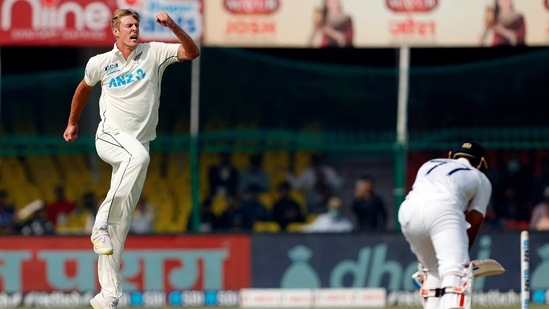 New Zealand's Kyle Jamieson celebrates the dismissal of India's Shubman Gill(ANI)