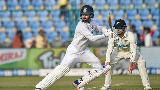 Kanpur: Indian player Shreyas Iyer�plays a shot during day one of the 1st test cricket match between India and New Zealand, at Green Park stadium in Kanpur, Thursday, Nov. 25, 2021. (PTI Photo/Arun Sharma)(PTI11_25_2021_000108B)(PTI)