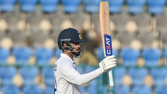 Kanpur: Indian player Shreyas Iyer celebrates scoring a half-century during day one of the 1st cricket test match between India and New Zealand, at Green Park stadium in Kanpur, Thursday, Nov. 25, 2021. (PTI Photo/Arun Sharma)(PTI11_25_2021_000117B)(PTI)