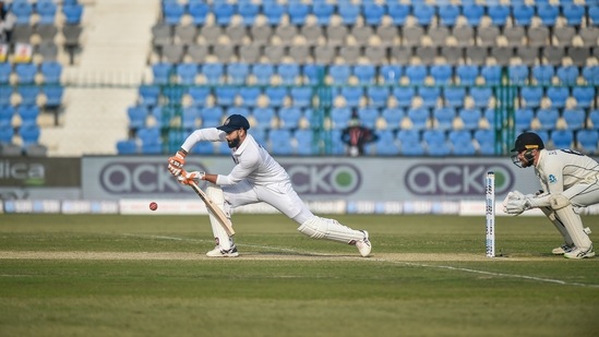 Kanpur: Indian player Ravindra Jadeja�plays a shot during day one of the 1st test cricket match between India and New Zealand, at Green Park stadium in Kanpur, Thursday, Nov. 25, 2021. (PTI Photo/Arun Sharma)(PTI11_25_2021_000120A)(PTI)