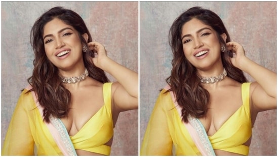 Bhumi teamed her look with a yellow silk dupatta lined with silver and soft blue zari.(Instagram/@bhumipednekar)