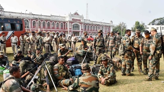 Security personnel at a distribution centre in Agartala ahead of the Tripura Municipal Corporation elections.(HT_PRINT)