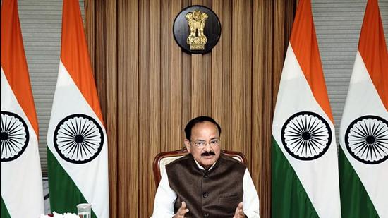 Vice President M. Venkaiah Naidu virtually addresses the First Plenary Session of the 13th ASEM Summit on the theme 'Revitalizing Multilateralism for Global Peace and Stability in New Delhi on Thursday. (ANI PHOTO.)