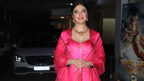 Divya Khosla Kumar donned pink salwar suit at Satyameva Jayate 2 screening. (Varinder Chawla)
