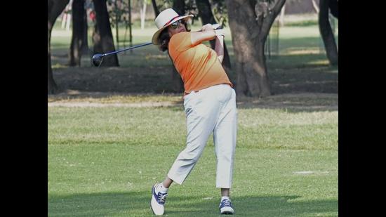 A player in action on the final day of the 27th Punjab Open Ladies Amateur Golf Championship 2021 at the Chandigarh Golf Club on Thursday. (Keshav Singh/)