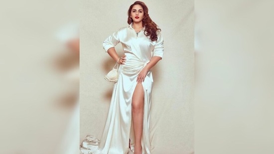 Huma Qureshi is a vision in this thigh-high slit silk ivory wrap dress by designer Bennu Sehgall.(Instagram/@iamhumaq)