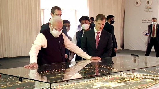 Prime Minister Narendra Modi during the foundation stone laying ceremony for the Noida International Airport, in Jewar on November 25, 2021. (ANI Photo)